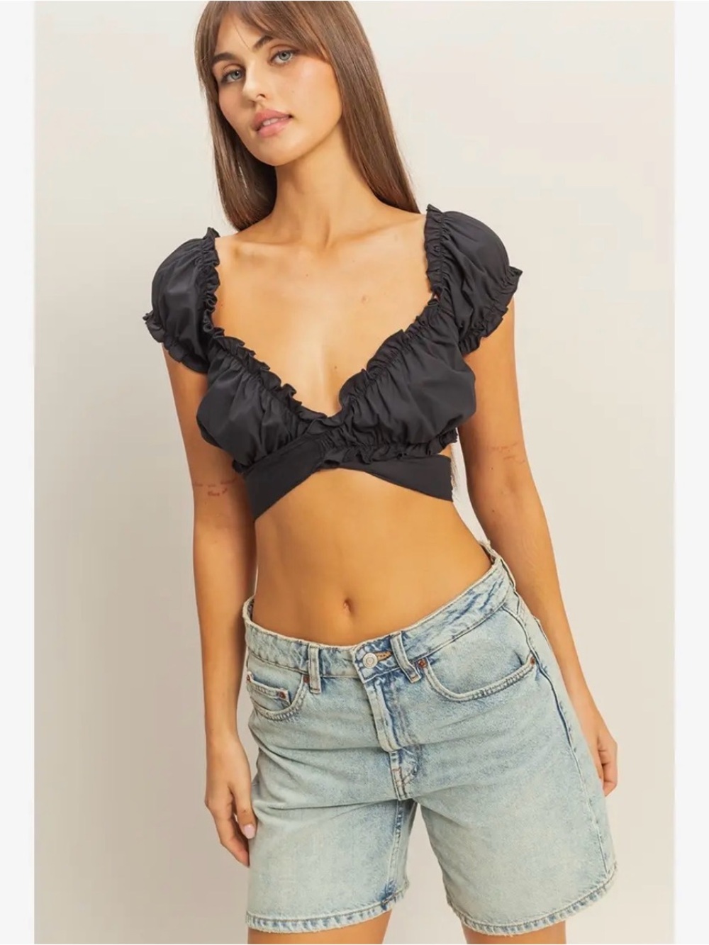 Black Coquette Ruffle Crop Blouse Wrap Tie Large HYFVE NWT
